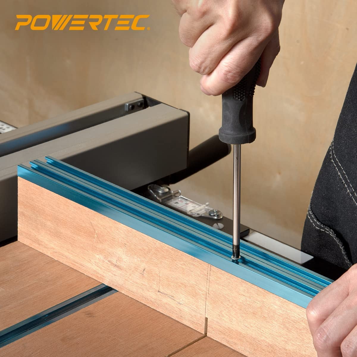 POWERTEC 36-Inch Double T Track Kit for Woodworking, Right to Left Adhesive Tape Measure and T-Track Plastic Insert (71697)