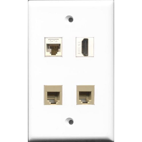 RiteAV 1 Port HDMI 2 Port Phone RJ11 RJ12 Beige and 1 Port Cat6 Ethernet White Wall Plate