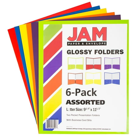 JAM Paper Glossy Two Pocket Folders, Assorted Primary, 6 per Pack