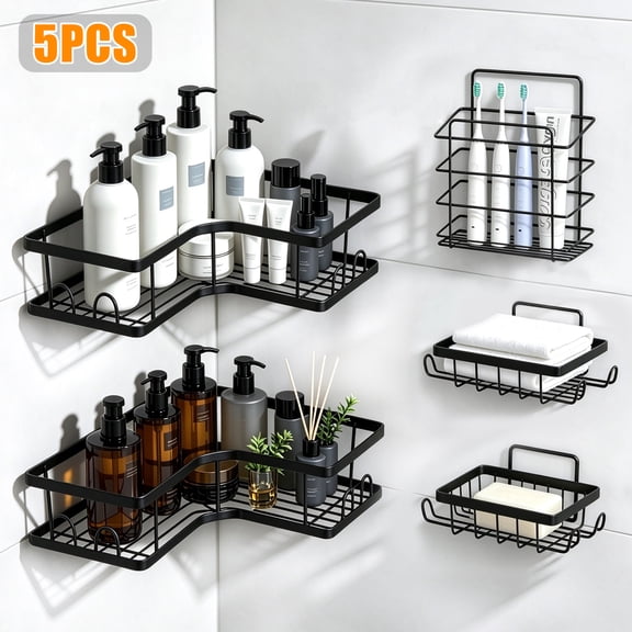 Meifei 5 PCS Corner Shower Caddy Set, Adhesive Wall‑Mounted Organizer with Soap and Toothbrush Holder, Rustproof Stainless Steel Bath Rack