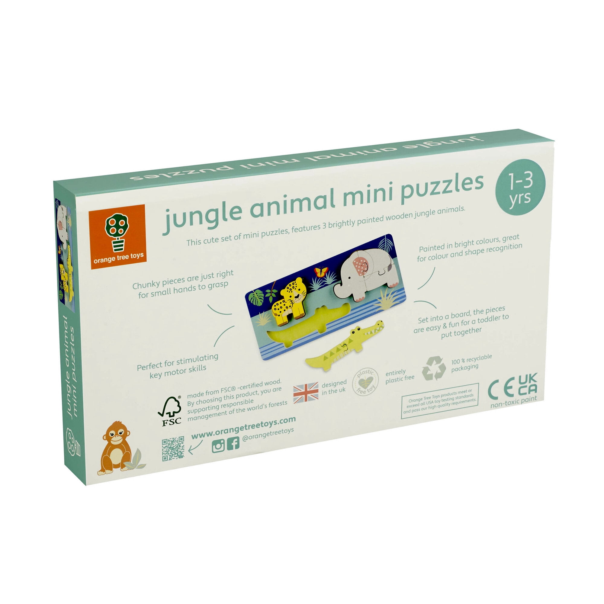 Orange Tree Toys: Jungle Animals - Mini Puzzles - 8 Wooden Chunky Pieces, Colorful Puzzle Tray, FSC Certified, Educational Toy, Toddlers & Kids Age 1+