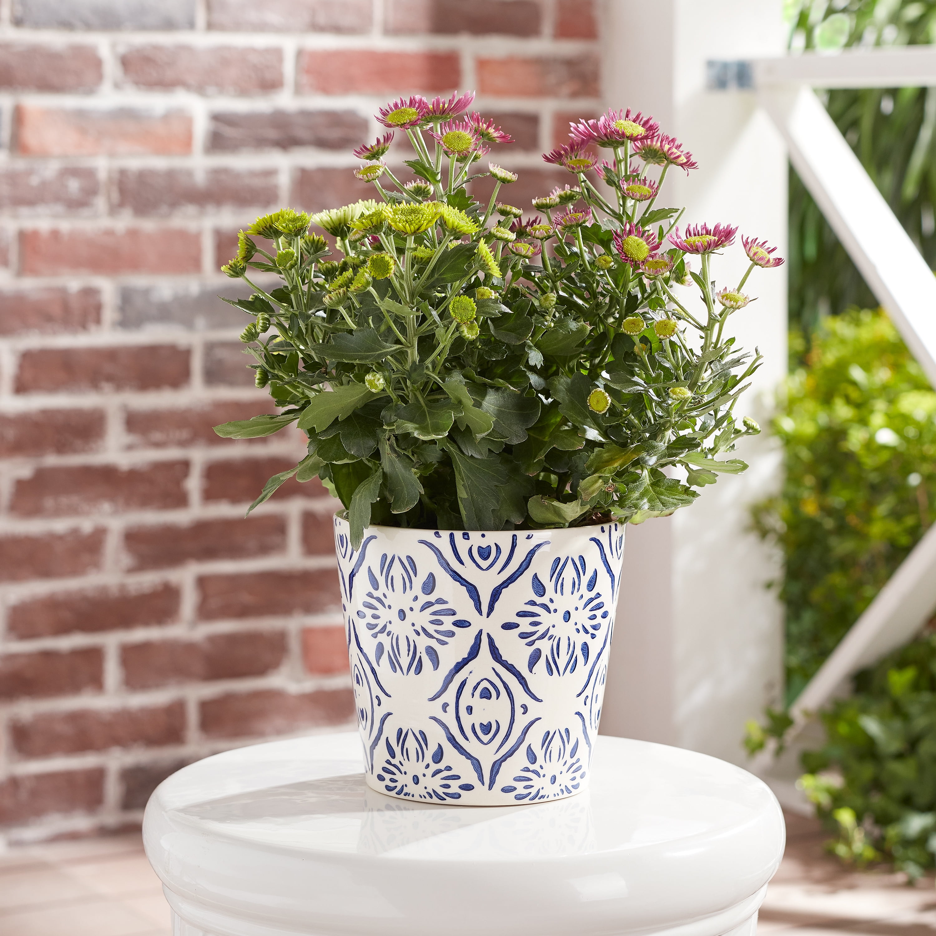 (2 pack) Mainstays 6" x 6" x 5.5" Round Blue Ceramic Medallion Plant Planter