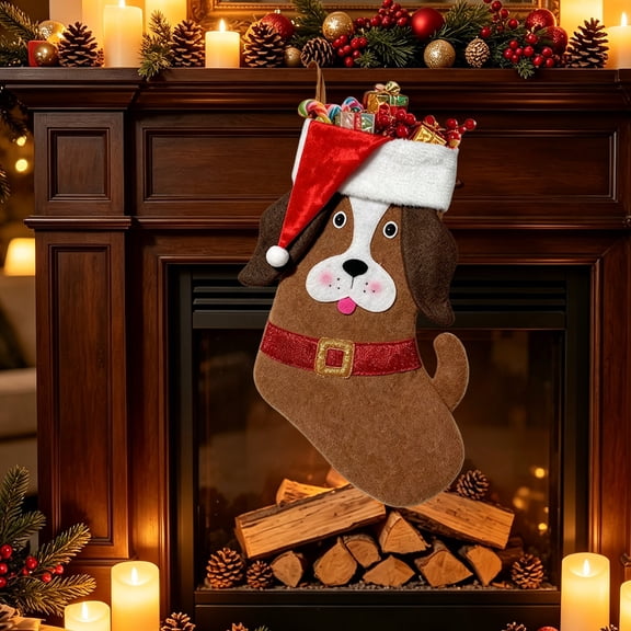 Tuvgenk Brown Dog Christmas Stocking, 17.7 inch Cartoon Puppy Xmas Stocking with Santa Hat, Bone Shape Pet Holiday Decor for Fireplace Mantel Tree