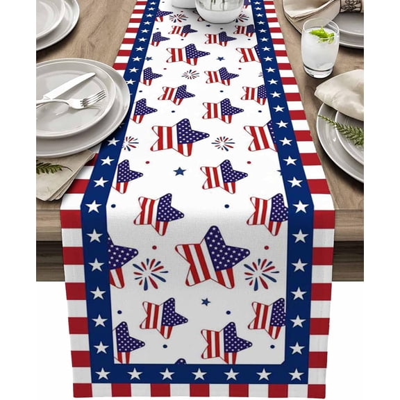 13x108" Independence Day Table Runner, 4th of July Patriotic Dresser Scarves, Red White Blue USA Flag Table Runners, Stripes Stars Table Setting Decor for Memorial Day Home Kitchen Dinner by JEWLALO