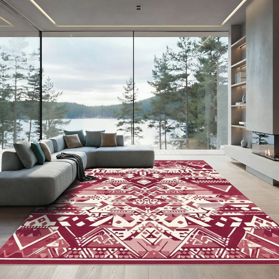 ODIKA 4'x6' Machine Washable Non-Slip Area Rug, Aztec Burgundy High Traffic Rug, Red, 1076519