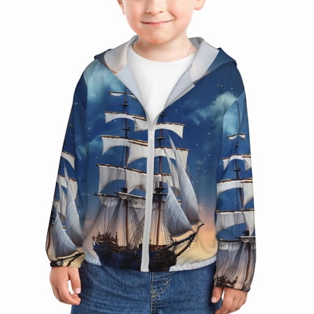 

Goofa Moonlit Night Sea Sailboat Printed Kids Zip-Up Hoodie Girls Boys UPF50+ Sun Protection Jacket Hooded Cooling Shirt-4 Years