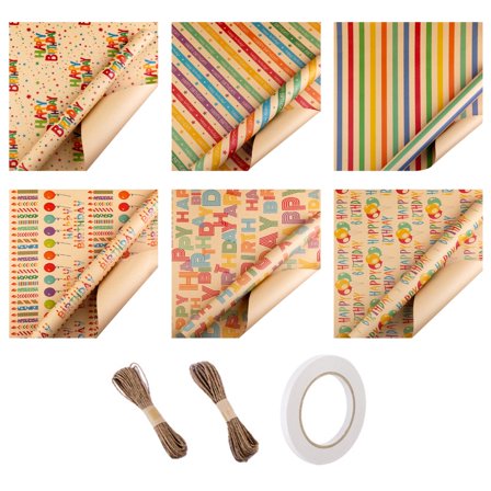 Birthday Gift Wrapping Paper Set Unique Birthday Gift Patterned Wrapping Paper with Tape Card and Straw Rope