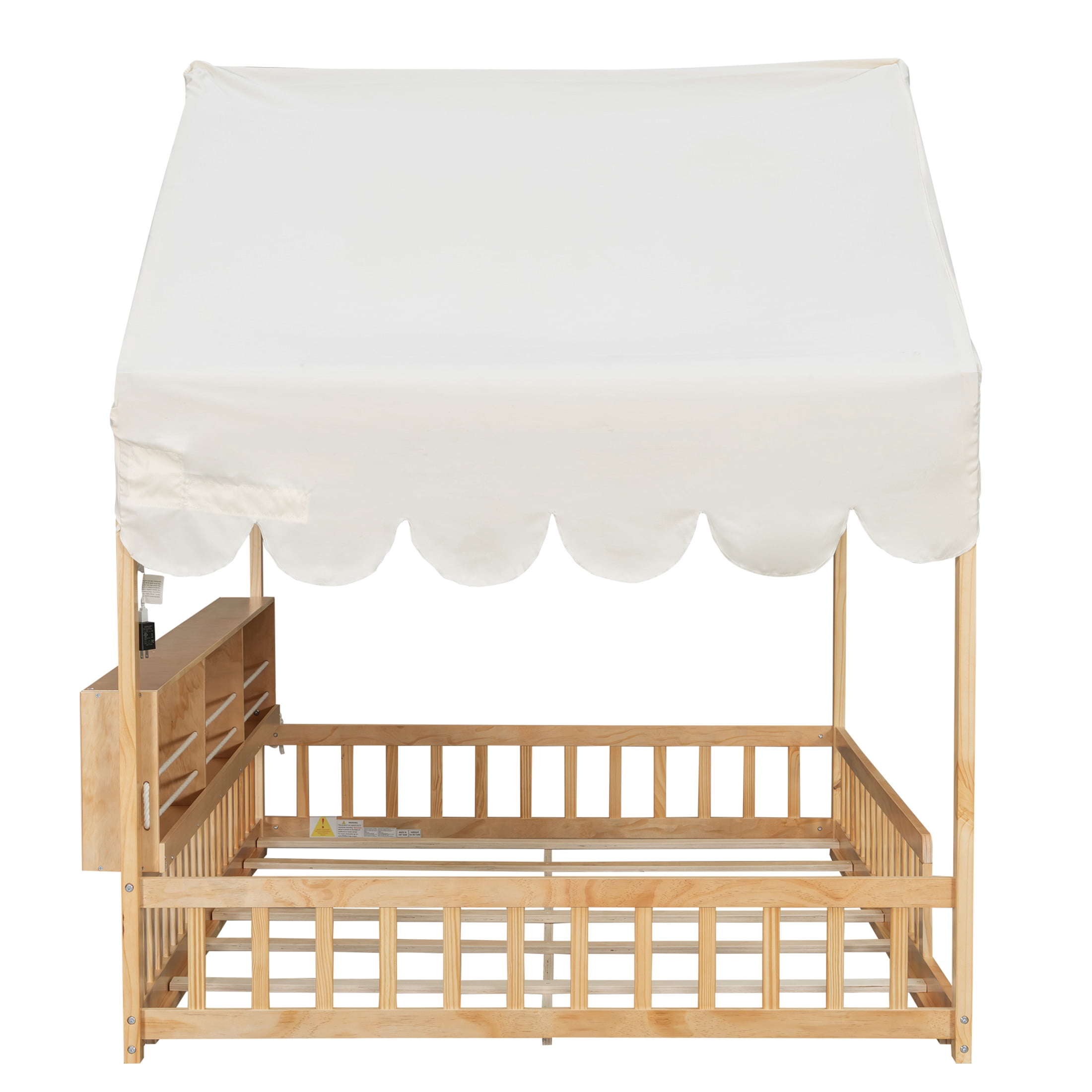Noble House Larissa Full Size House Bed with Fence and LED Lights, Wooden Floor Bed, Heavy Duty, Natural and Beige