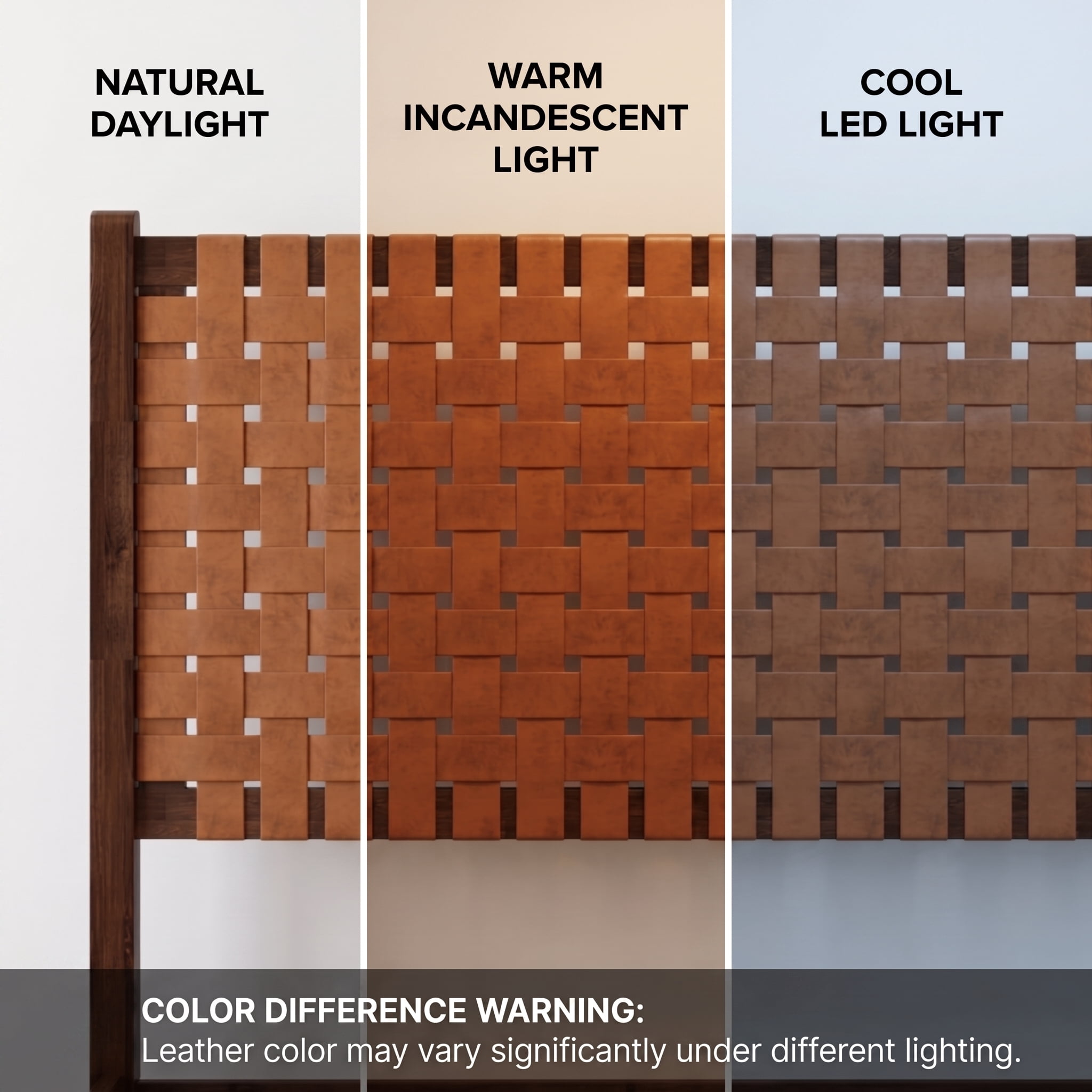 Euroco Solid Acacia Wood King Size Platform Bed, Mid-Century Modern Style Bed with Hand-Woven Vegan Leather Headboard, No Box Spring Needed, Dark Brown