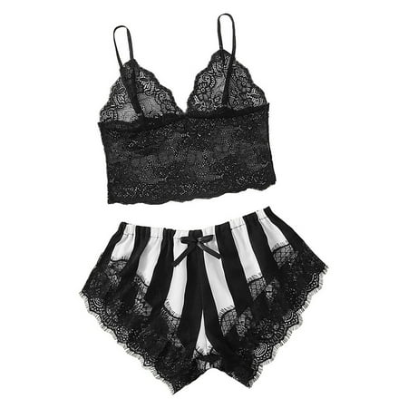 

Luiryare 2Pcs Summer Women Lace Satin Silk Deep V Sling Pijamas Set