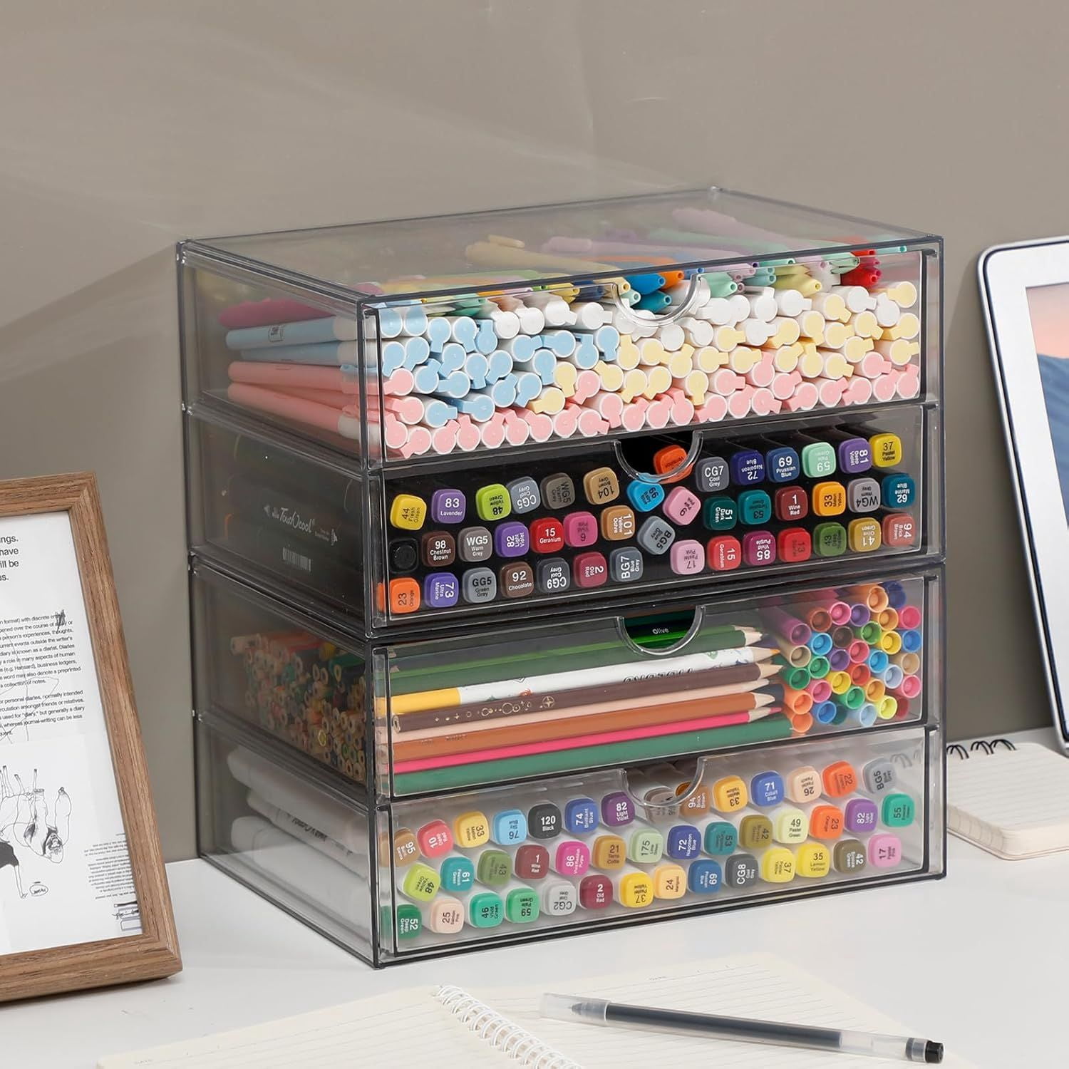 Stackable Clear Plastic Storage Drawers, 6-Drawer Organizer Bin for Home Office, Bathroom, Kitchen, Pantry, Desk Storage for Markers, Pencils, Books, Art Crafts & Makeup  RLB