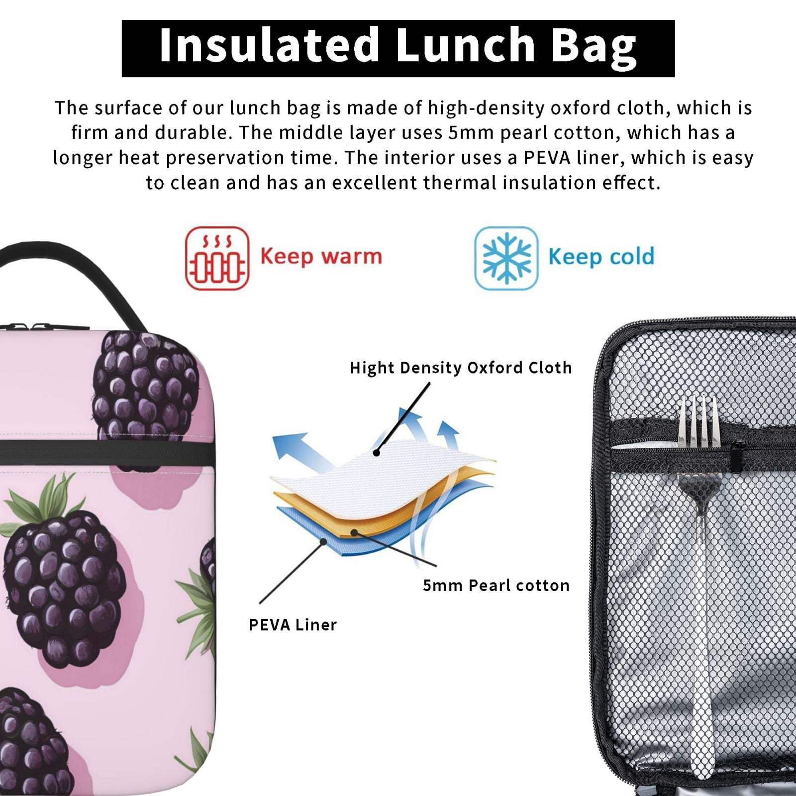 Lunch Bag For Women Men Insulated Portable Lunch Box Bento Box Office Picnic Travel Cooler Bag Blackberry