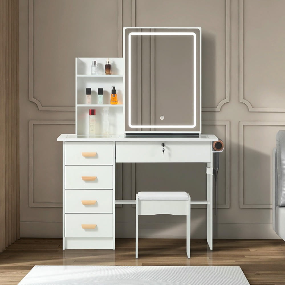Kadyn Vanity Desk with Lighted Mirror, Makeup Table with 4 Drawers and Dressing Pad for Bedroom, Dressing Room, White Dressing Table Makeup Desk Kadyn Vanity Desk with Lighted Mirror, Makeup Table with 4 Drawers and Dressing Pad for Bedroom, Dressing Room, White Dressing Table Makeup Desk