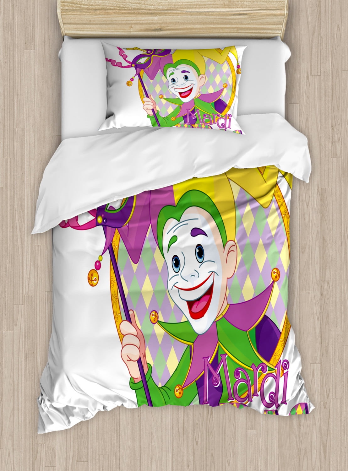 Mardi Gras Twin Size Duvet Cover Set, Cartoon Design of Mardi Gras and Holding a Mask Harlequin Figure, Decorative 2 Piece Bedding Set with 1 Pillow Sham, by Ambesonne -