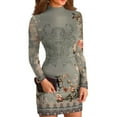 thumbnail image 2 of Women's High-Neck Casual Long Sleeve Floral Printed Slim-Fit Dress for Spring and Autumn Outings,Army Green,L, 2 of 6