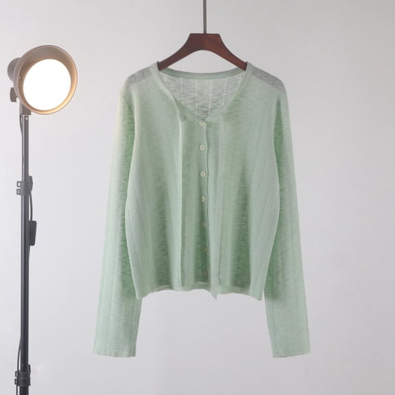 Women's Lightweight Knit Cardigan Sheer V Neck Long Sleeve Button Front Cropped Casual Outwear Tops Green M