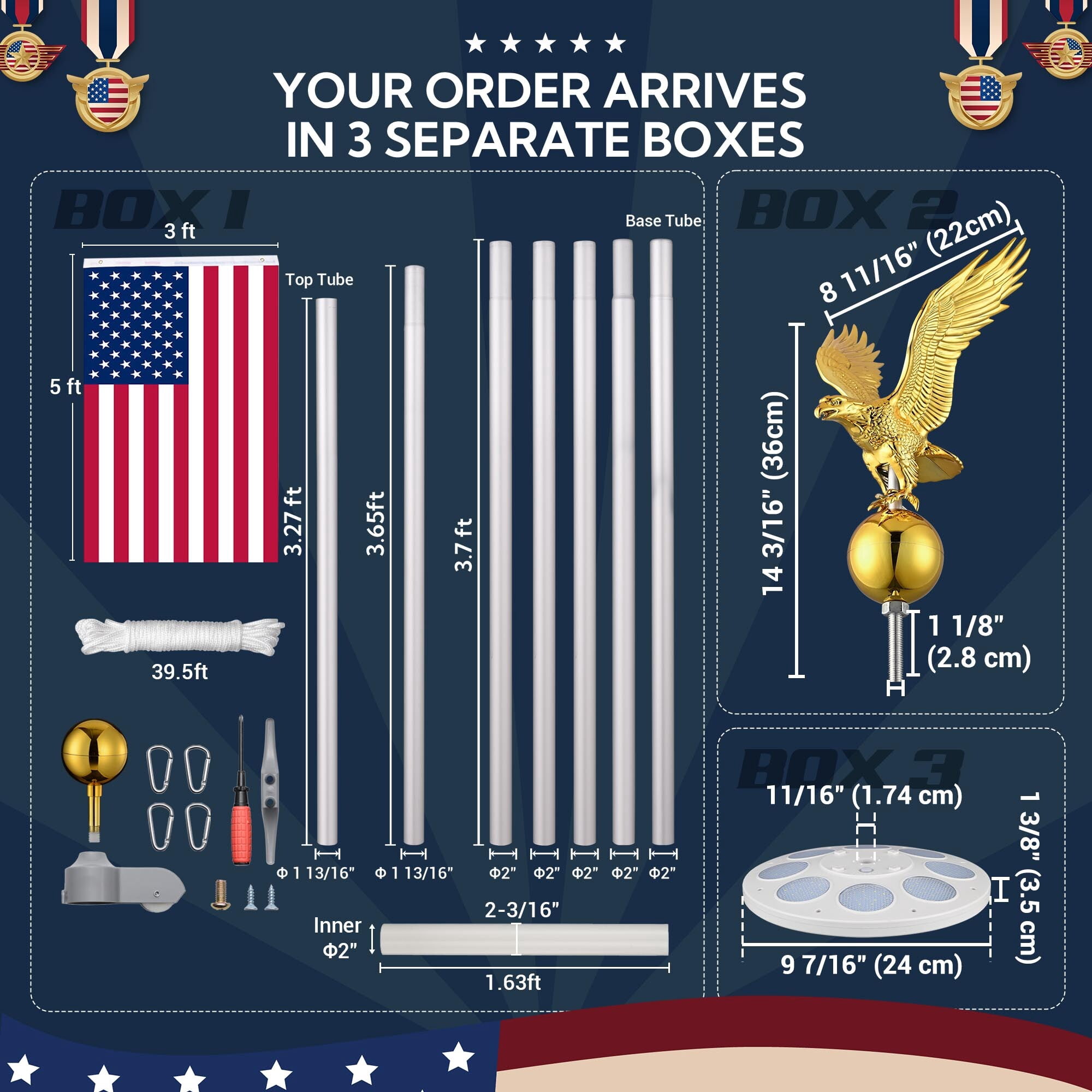Yescom Bravery 25ft 13 Gauge Sectional Flag Pole Kit with Solar Powered Light US Flag Gold Eagle Topper