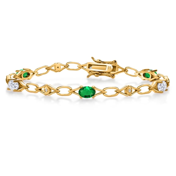 18K Yellow Gold Plated Silver Green Nano Emerald and White Moissanite and Round White Lab Grown Diamond Tennis Bracelet for Women (2.74 Cttw, Gemstone Birthstone, Oval 6X4MM, 7.25 inches)