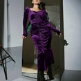 thumbnail image 2 of Sexlip Velvet Bodycon Dress for Women Sweetheart Neck Puff Long Sleeve Ruched Slim Fit Maxi Dress Y2k Party Clothes Purple M, 2 of 9