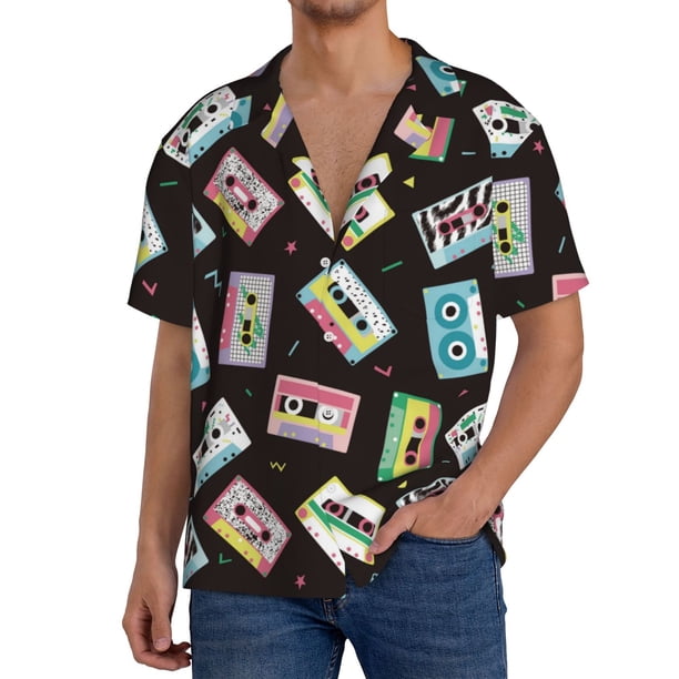 Balery Colorful Retro Tape Camisa Casual de Manga Corta con Botones para Hombre, Texturizada, Estilo Cubano, para Playa, Verano-XX-Large