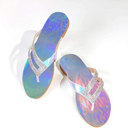 

GATXVG Women Low Heeled Sandals Flat Rhinestone Crystal Slippers Comfy Flip Flop Beach Shoes Fashion Casual Quick Drying Slipper