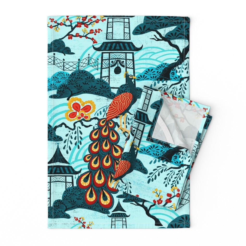 CHINOISERIE BIRDS EMBROIDERED HAND TOWELs SET OF 2 