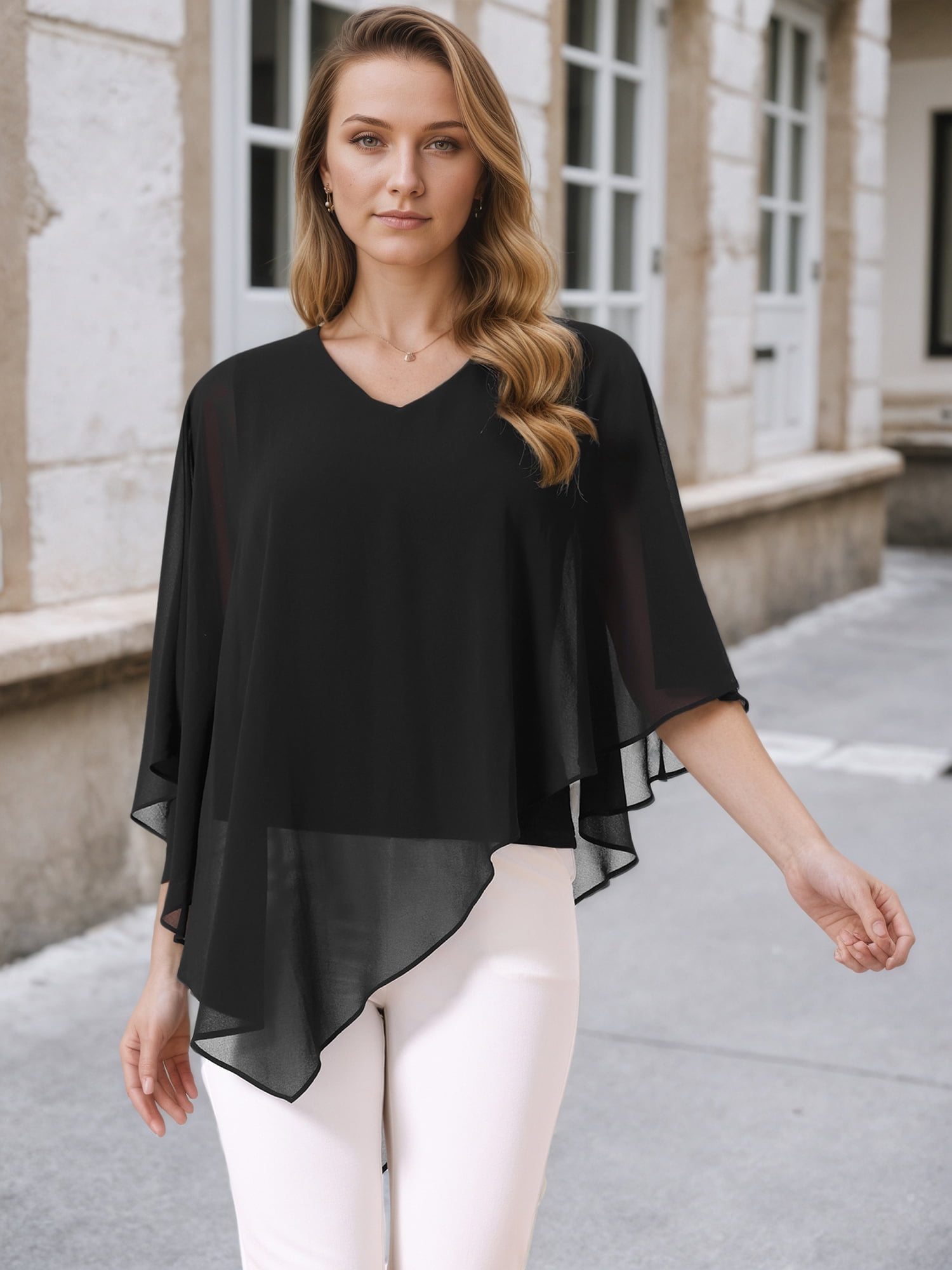 DARING DIVA Women's Flowy V Neck Chiffon Blouse Asymmetrical Top M Black