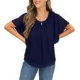 thumbnail image 3 of Olyvenn Womens Ruffle Short Sleeve Chiffon Tops Dressy Casual Cotton Peplum Shirts Round Neck Pleated Blouses Blue XXL, 3 of 7
