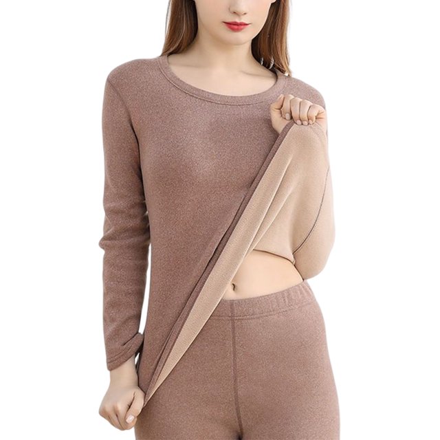 Jumpingount Ropa interior térmica para mujer, ropa interior térmica gruesa para invierno, para clima frío, elástica, parte inferior larga, conjuntos de Pijama Café/Juego/XL Jumpingount AP013086-08B