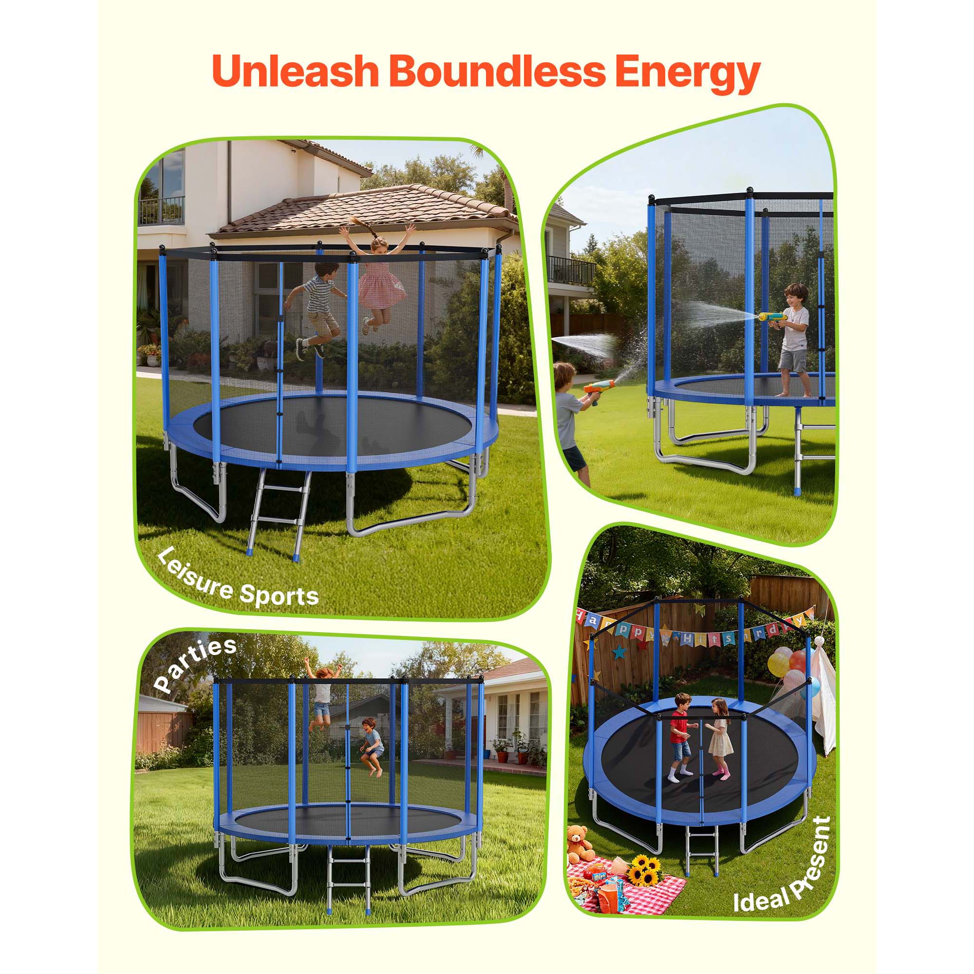 KFFKFF 12FT Outdoor Trampoline with Safety Enclosure, ASTM Certified, Durable Design, 400 lbs Weight Limit, Rust-Resistant Recreational Trampoline for Backyard Fun