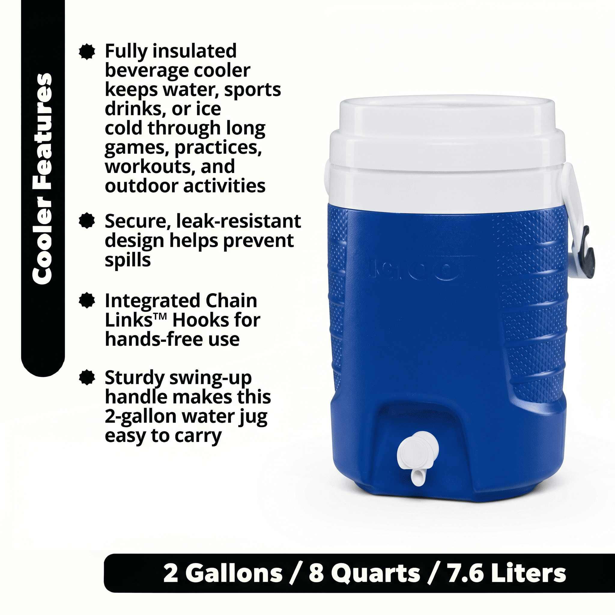 (2 pack) Igloo 2 Gallon Sports Plastic Beverage Jug with Hooks, Blue
