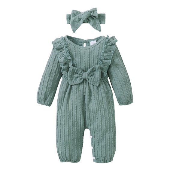 Kucnuzki Newborn Baby Girls Bodysuits 9-12 Months Round Neck Long Sleeves Romper Solid Color Ruffle One-piece Bowknot Jumpsuit Fall with Headband Green