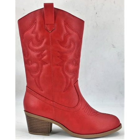 - BDW-14W Western Cowboy Cowgirl Mid Calf Pointed Toe Stitched Boots Red