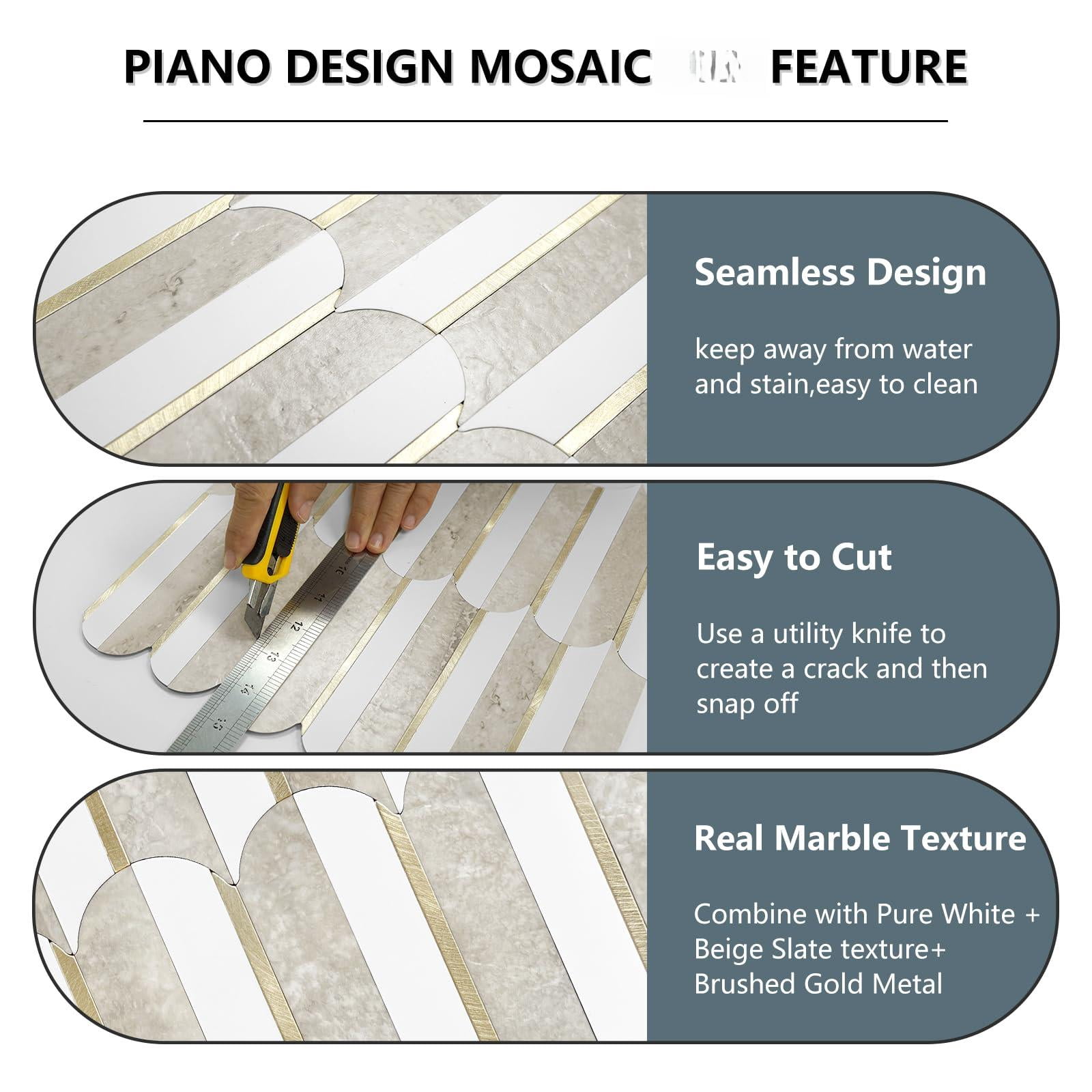 Vamos Peel And Stick Backsplash Seamless Tile For Kitchen Bathroom White Beige Slate Pvc Mixed Light Self Adhesive Fish Scale Metal Mosaic Tiles (10 Sheets)