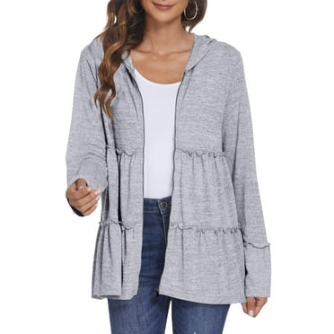 Pincandy Full Zip Up Hoodie for Women Pleated Tiered Ruffle Hooded Sweatshirts Jacket Coat Long Sleeve