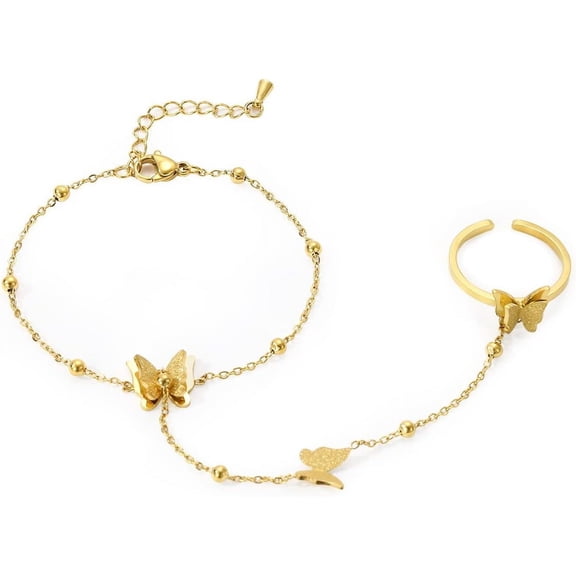 YMCSTONEMA Ring Bracelet Hand Chain, Gold Plated Butterfly Ring And Chain Bracelet, Shiny Cuff Bangle Link Bracelet Dainty Hand Harness Chain Statement Jewelry Gift For Women Her[z6640]