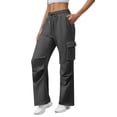 thumbnail image 6 of Wide Leg Cargo Sweatpants for Women High Waist Drawstring Baggy Lightweight Fleece Winter Track Pants with Muti Pockets Dark Gray, 6 of 7
