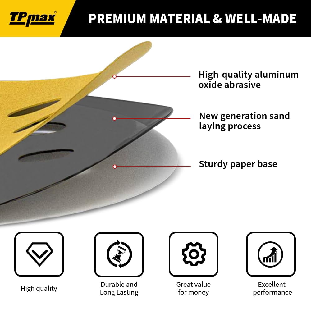 100PCS 5 Inch 80 Grit 125mm 8 Hole Sanding Discs Sandpaper - Premium Gold Round Hook and Loop for Random Orbital Sander - Ideal for Wood, Metal, Automotive