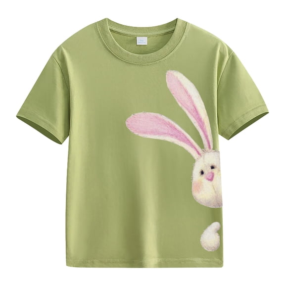 LNMQLPDBS Girls Shirts Happy Easter Bunny Print Crewneck Top Soft Solid Color Short Sleeve T Shirt for Girls Casual Loose Tops of Summer Green 6-7 Years