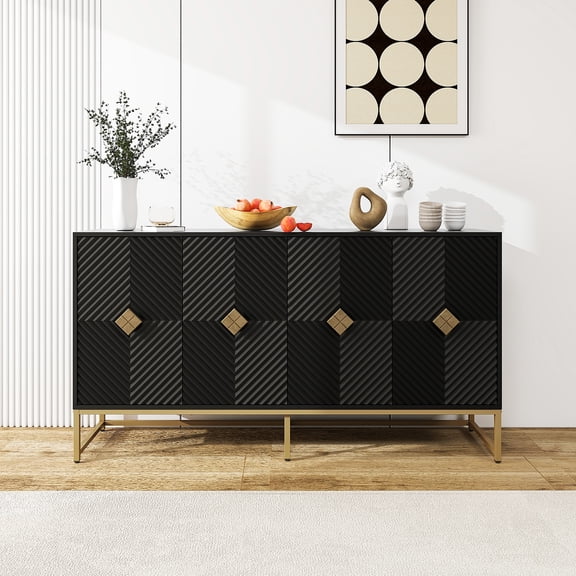 LFGUIZO 59-Inch Black Sideboard Buffet Cabinet, Modern Credenza with Rhombus Carvings, 4 Doors Storage Console, Gold Metal Base for Dining Room, Living Room & Entryway.