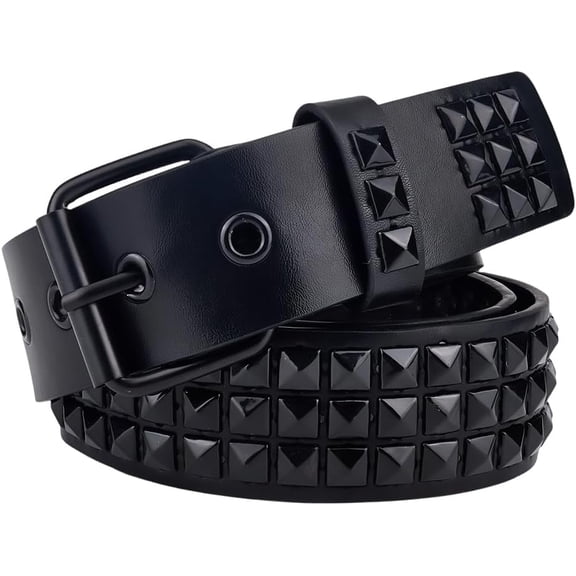 Black Rivet Belt PU Leather 44.4 x 2 Inch Gothic Punk Rock Bright Metal Alloy Pyramid Studs Studded Grommet Threads Belts for Clothing