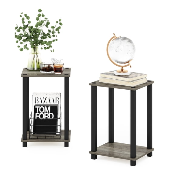 Furinno Simplistic Toolless Assembly Set of 2 Side Table, Grey 2-Tier End Table, Open Shelf Night Stand, Bedside Table for Living Room, Bedroom, Home Office, Grey Oak/Black