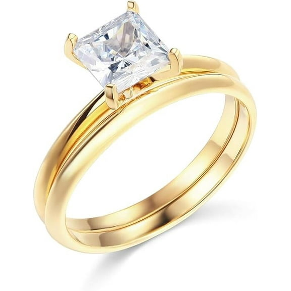 1.30 Ct Princess Real 14K Yellow Gold Engagement Wedding Ring Set Matching Band