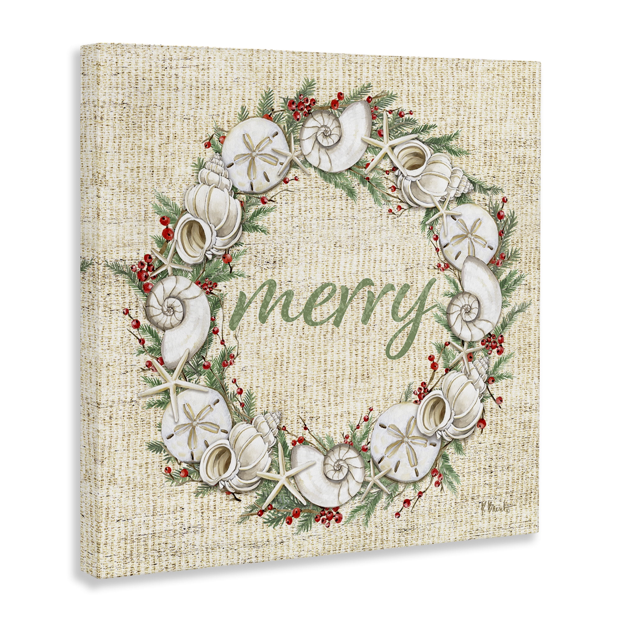 Stupell Industries Shells & Holly Merry Holiday Painting Wrapped Canvas Art Print Wall Art, 17 x 17