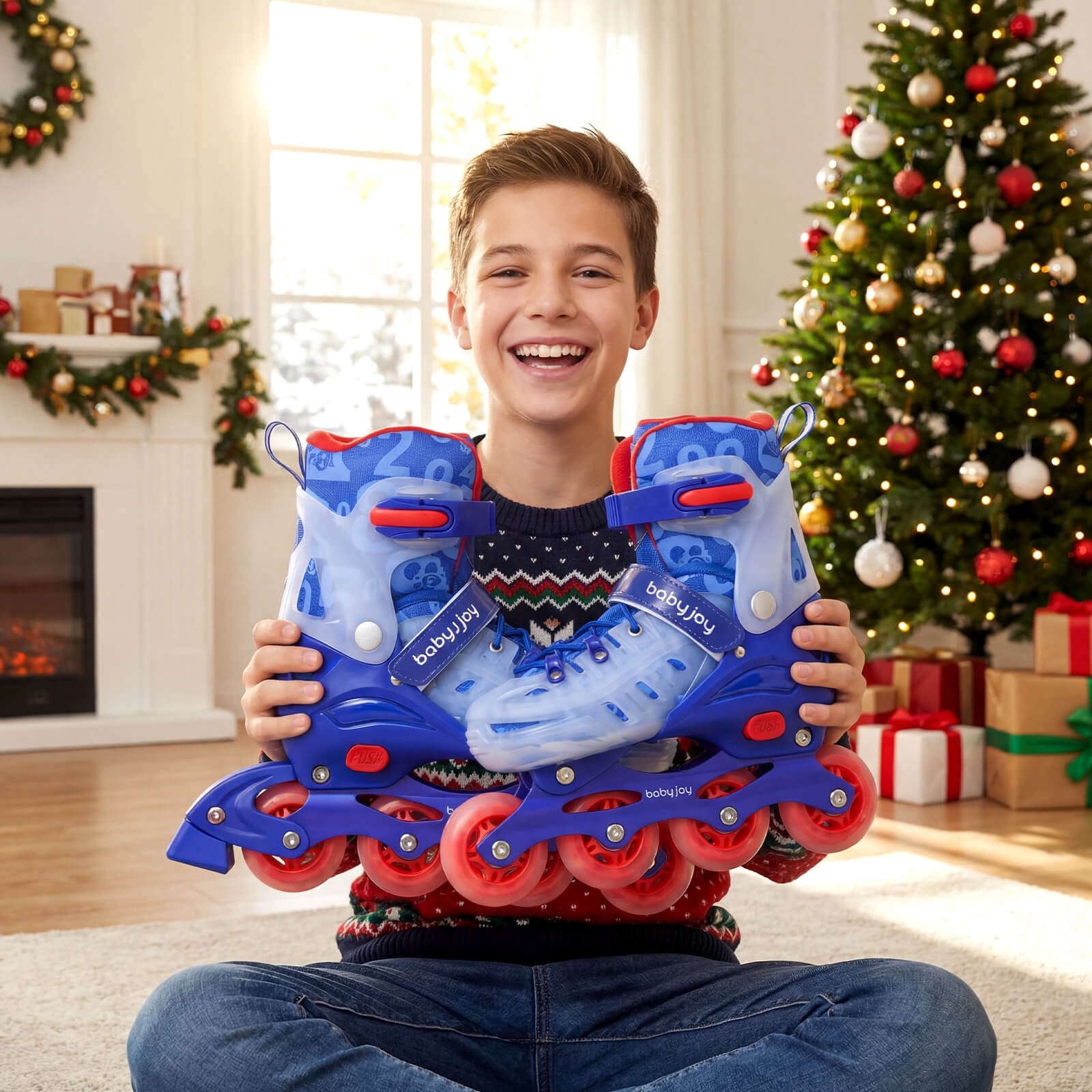 Babyjoy Kids Inline Skates for Boys Girls, 4-Size Adjustable Illuminating Roller Skates Blue