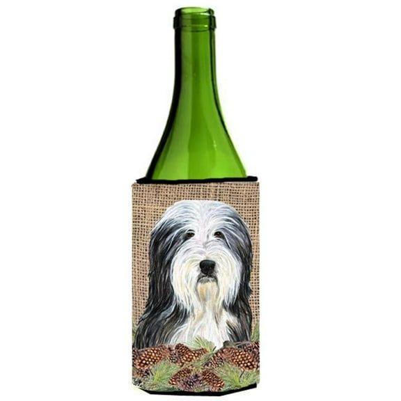 Bearded Collie on Faux Burlap with Pine Cones Wine bottle sleeve Hugger 24 oz.