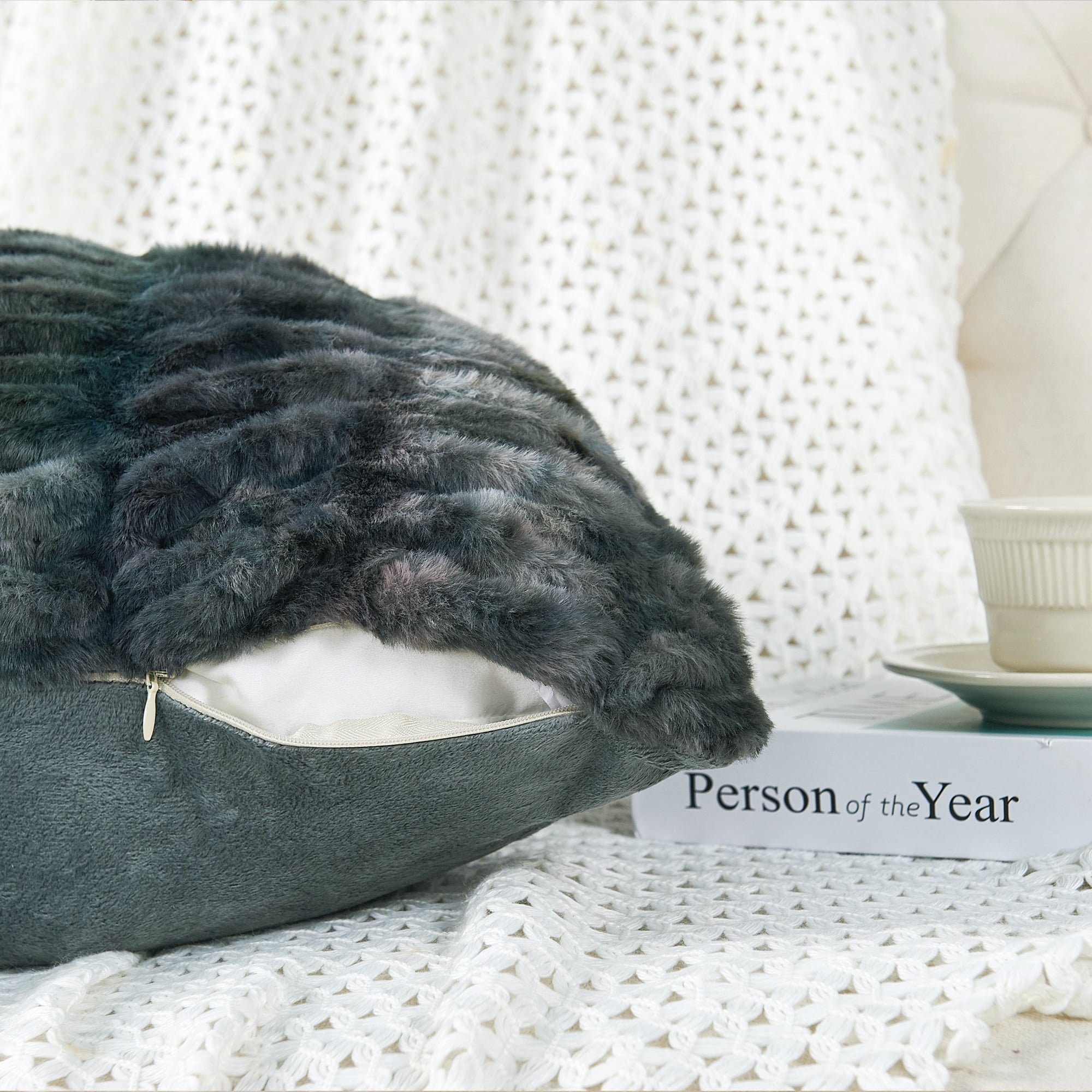 Home Soft Things Shar Pei Faux Fur Decorative Throw Pillow Covers, Soft Velvety Pillow Cases Cushion Covers, No Pillow Insert, Set of 2, Meteorite, 20" x 20"