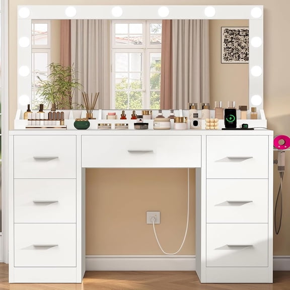 TEENFON Makeup Vanity with Large Mirror and 12 LED Lights, Vanity Desk with 7 Drawers & Charging Station, Makeup Desk Dressing Table for Women,Girls, 3 Lighting Color Adjustable, White