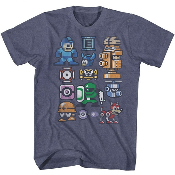 Mega Man Pixelmans Vintage Blue Heather Adult T-Shirt