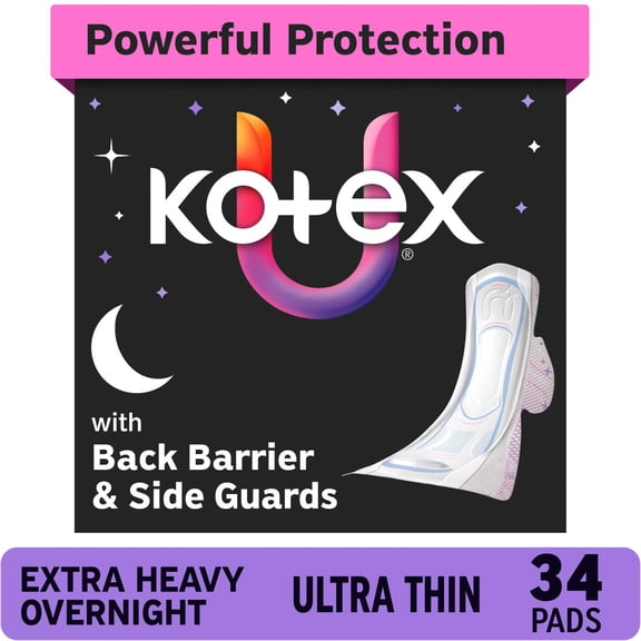 Kotex Ultra Thin Overnight Pads with Wings, Extra Heavy Absorbency, 34 Count